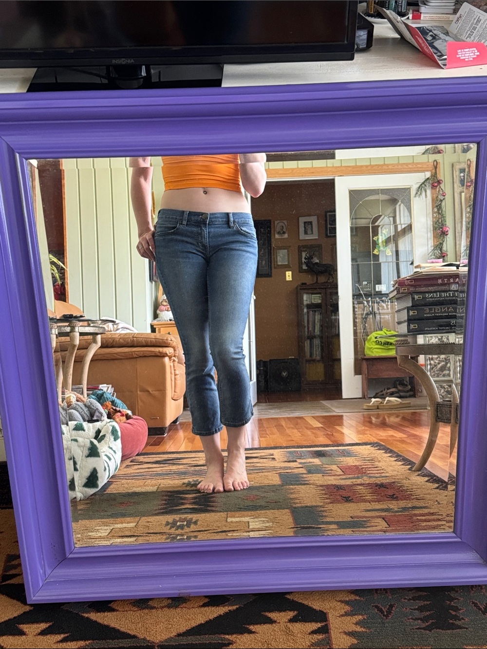 Free People Blue Cropped Slim Straight Jeans